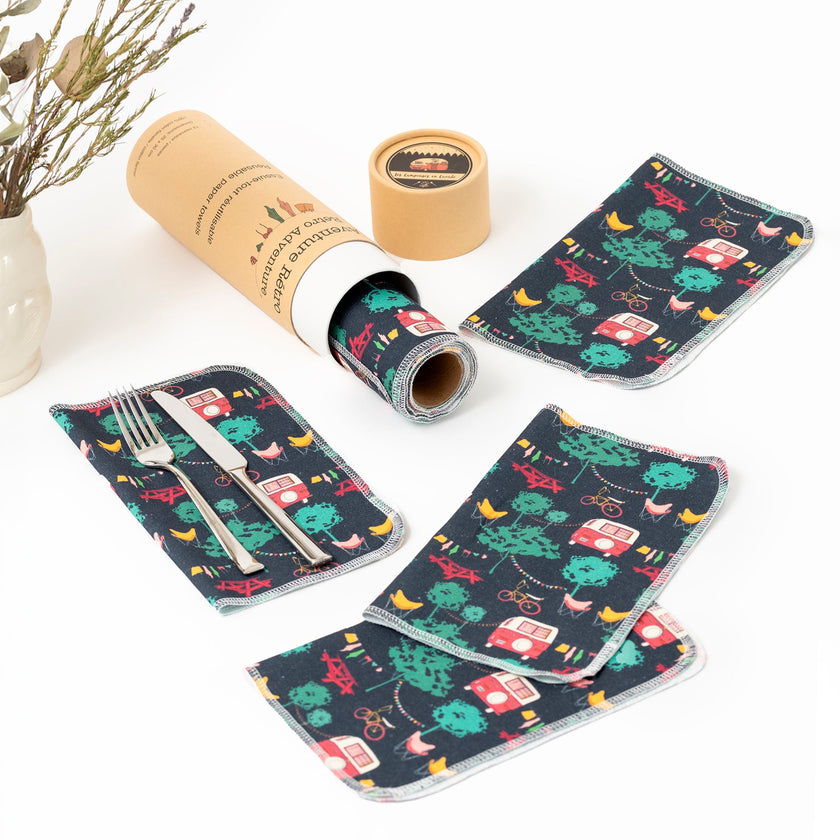 Rouleaux de 12 Essuie-tout réutilisables en coton – Collection Aventure rétro