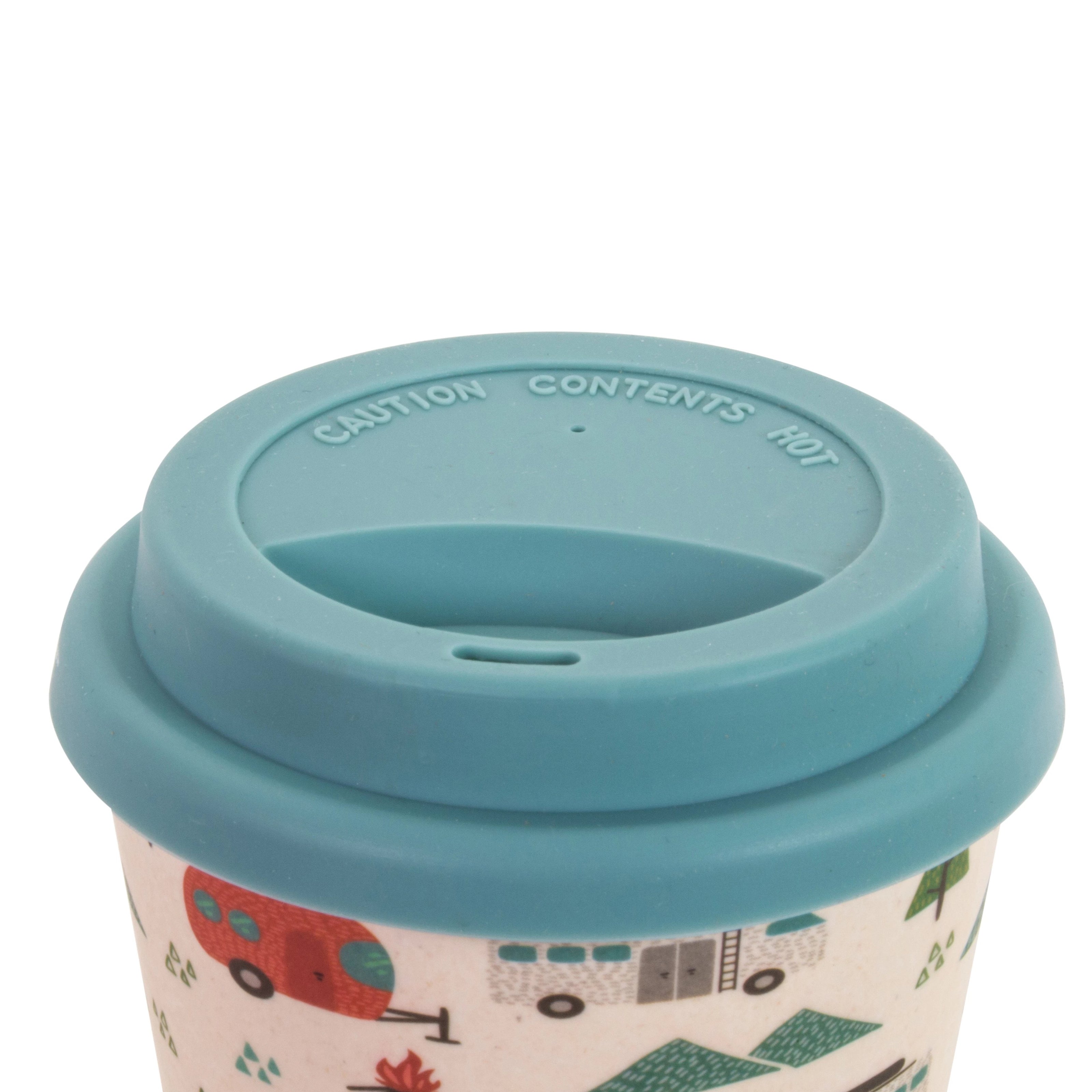 Lid of bamboo reusable cup with fun camping pattern